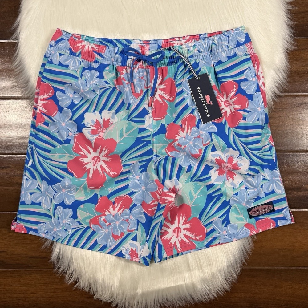 Vineyard Vines Size Medium Floral Tide‎ Blue Printed Piped 7" Chappy Swim Trunks